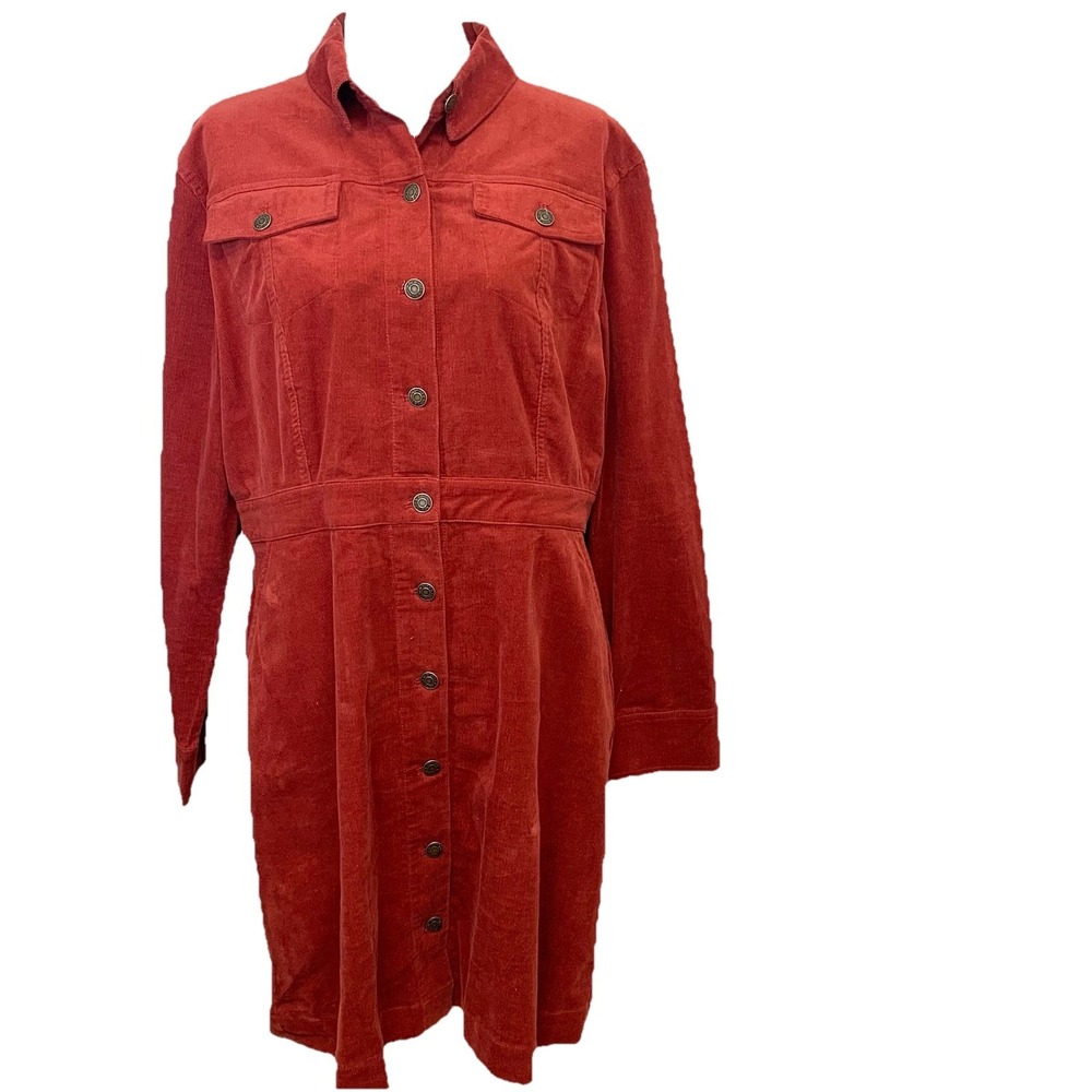 NY Co Button Front Corduroy Dress Long Sleeve XL Pockets Stretch Casual Work